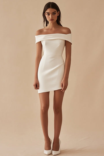 White Sheath Off the Shoulder Short Graduation Dress